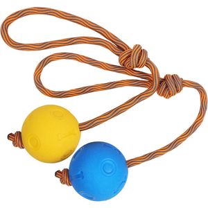 Hondenbal met koord, 2 stuks werpbal met touw, duurzaam, zacht en elastisch, massief rubberen bal voor behendigheid en extreem brede worpen, vangen en trekken van de oorlog (7 cm, blauw + geel)