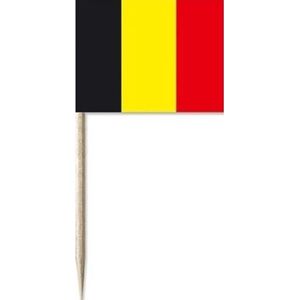 100x Cocktailprikkers België 8 cm vlaggetje landen decoratie - Houten spiesjes met papieren vlaggetje - Wegwerp prikkertjes