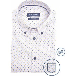Ledub modern fit overhemd - korte mouw - wit met lichtgeel en blauw dessin - Strijkvriendelijk - Boordmaat: 48