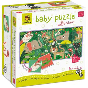 Ludattica Puzzels: DE JUNGLE - Baby puzzel 18x18x10,5cm, 8 puzzels van 4  stukjes (16x16cm) vormen op de achterkant een puzzel van 32 stukjes, 2+
