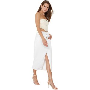 Trendyol Blauwe Midi-Denimrok Met Knopen En Split Twoaw24Et00063