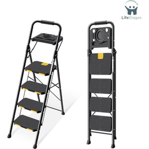 LifeStages - Huishoudtrap 4 Treden - Trapladder - 4-Traps Huishoudtrap - 4 Treden Vouwladder Met Gereedschapskist - Veilige Vergrendeling - Brede Antislip Pedalen - Getest op 400 kg - Staal - Voor Thuis - Garage - Tuin - Kasten - Zwart