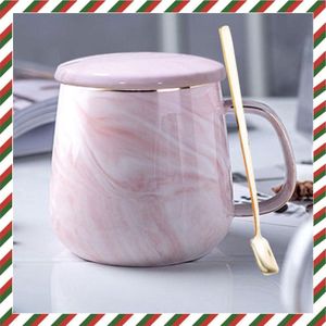 Marmeren mokken, mok marmerlook, ontbijtmok met deksel lepel geschikt als cadeau voor familieleden, vrienden, koppels, keramiek, 400 ml (roze)