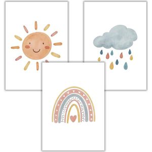 Kinderposters, foto's, decoratie, babykamer, set van 3, boho regenboog, zonnewolk voor kinderen