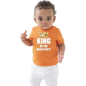 King of the house party met gouden kroon t-shirt oranje baby/peuter voor jongens - Koningsdag / Kingsday - kinder shirtjes / feest t-shirts 0-3 mnd