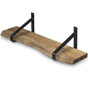 Wandplank Hout 120x20 cm Licht Bruin incl. Zwarte Stalen Plankdragers - Boomstam Plank – Boekenplank - Muurplank - Wandrek
