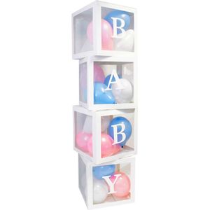 Vier doorzichtig letter ballon blokken Baby wit met 24 blauwe, roze en witte ballonnen - genderreveal - babyshower - ballonbox - ballonblok - zwanger - geboorte