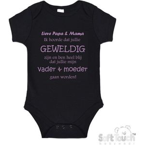 100% katoenen Romper ""Lieve papa & mama ik hoorde dat jullie geweldig zijn en ben heel blij dat jullie mijn vader & moeder gaan worden!"" Meisjes Katoen Zwart/lila Maat 62/68