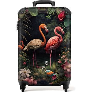 NoBoringSuitcases.com® Koffer - Flamingo - Bloemen - Jungle - Roze - Bladeren - Reiskoffer met wielen - Trolley op wieltjes - Past binnen 55x40x20 cm en 55x35x25 cm - Handbagagekoffer - Koffertje