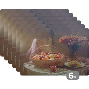 Placemat - Placemats kunststof - Stilleven - Schilderij - Bloemen - Fruit - Appels - Druiven - Kunst - 45x30 cm - 6 stuks - Hittebestendig - Anti-Slip - Onderlegger - Afneembaar