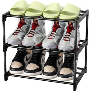 Famanu Metalen schoenenrek, schoenopslag met 3 niveaus, licht schoenenrek, stapelbaar voor 6 paar schoenen, schoenenstandaard voor hal, woonkamer, slaapkamer, entree (zwart)