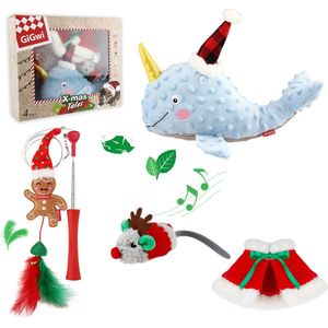 Kerst cadeaubox voor Katten met 4 leuke kerstspeeltjes - 2 knuffeltjes - speelhengeltje - kerstsjaaltje - Kerstcadeau voor katten