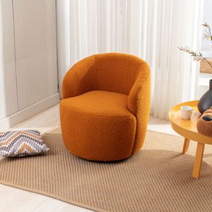 Teddy Stoffen Draaibare Fauteuil - Barrel Stoel met Zwarte Poeder Coating Metalen Ring - Oranje