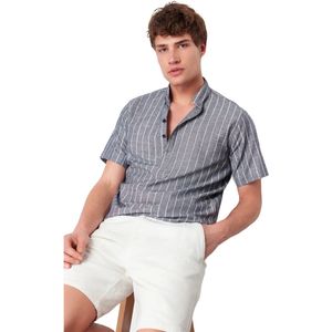 Trendyol Indigo Regular Fit Flam-Katoenen Gestreept Overhemd Met Korte Mouwen Tmnss24Go00049