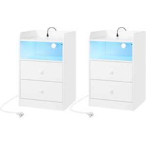CS® - Nachtkastje met LED Licht- Nachtkastjes met Oplaadstation- 2 Opberglade Nachtkastje voor Slaapkamer- Woonkamer- 2 USB Poorten, 2 Stopcontacten- Open Compartiment -2 stuks wit