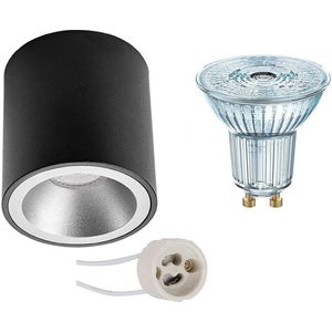 Opbouwspot Set - OSRAM Parathom PAR16 930 36D - Pragmi Cliron Pro - GU10 Fitting - Dimbaar - Opbouw Rond - Mat Zwart/Zilver - 5.5W - Warm Wit 3000K - Verdiept - Ø90mm