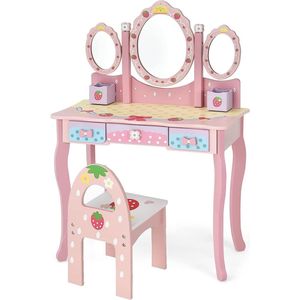 Kindermake-uptafelset, prinses, kaptafel met inklapbare spiegel, make-upkruk en 3 laden, make-uptafel, kaptafel voor kinderen en meisjes (roze)