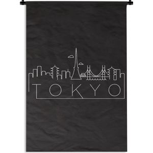 Wandkleed Wereldsteden - Skyline Tokyo wit op zwart Wandkleed katoen 120x180 cm - Wandtapijt met foto XXL / Groot formaat!