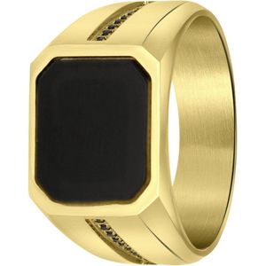 Lucardi Heren Goldplated zegelring zwart - Ring - Cadeau - Staal - Goudkleurig