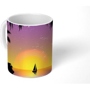 Mok - Koffiemok - Boot - Palmboom - Zee - Tekening - Mokken - 350 ML - Beker - Koffiemokken - Theemok