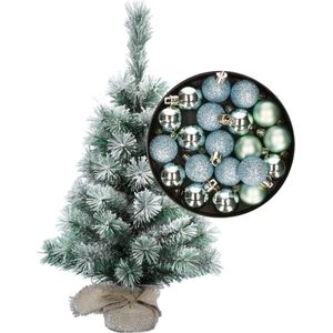 Besneeuwde mini kerstboom/kunst kerstboom 35 cm met kerstballen mintgroen - Kerstversiering