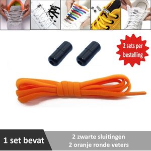 2 paar oranje ronde elastische veters met zwarte sluitingen. Je hoeft voortaan nooit meer je veters te strikken