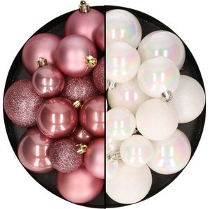 Kerstballen 60x stuks - mix oudroze/parelmoer wit - 4-5-6 cm - kunststof - kerstversiering