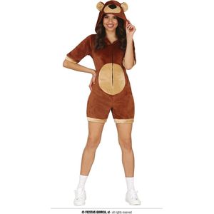 Guirca - Beer & IJsbeer Kostuum - Knuffelbeer Korte Jumpsuit - Vrouw - Bruin - Maat 38-40 - Carnavalskleding - Verkleedkleding