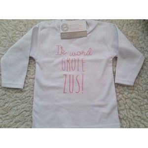 Shirt meisje Ik word grote zus | lange mouw t-shirt| maat 98 wit met licht roze print zwangerschap aankondiging bekendmaking Baby big sis sister