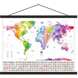 Posterhanger incl. Poster - Schoolplaat - Wereldkaart - Waterverf - Regenboog - Vlag - 60x45 cm - Zwarte latten