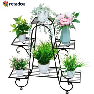 Retadou - Bloemenstandaard voor binnen, plantenstandaard, metaal, zwart, plantenkruk, bloempot, standaard, bloementrap, zwart, plantenstandaard, outdoor, bloempot met standaard