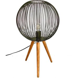 Black Cage Globe Lamp on 3 Wooden Feet 75,5 cm hoog - tafellamp - vloerlamp - lamp industrieel - industriestijl - metaal Lamp - verlichting voor binnen - verlichting voor uw interieur - bruin metaal - interieurdecoratie - woonaccessoire - cadeau