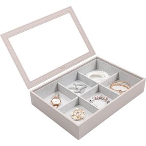 Sieradendoosje voor dames, sieradenhouder, sieradenkoffer, stapelbare organizer, sjabloondienblad voor oorbellen, ringen, kettingen, horloges (6 vakken met deksel, grijs)
