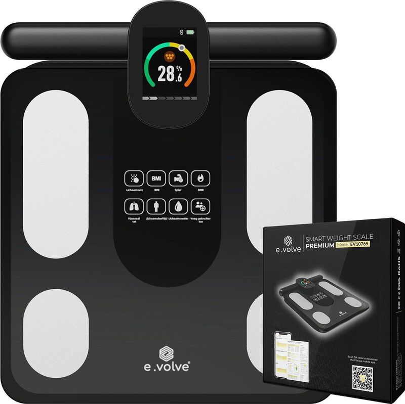 e.volve Weegschaal Personenweegschaal Digitaal - 28x - Zwart - Slimme Weegschaal met Lichaamsanalyse - Weegschalen - Digitale Weegschaal - Incl. App