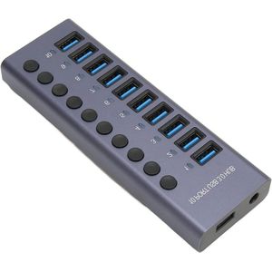 10-poorts 60W Actieve USB-hub met Individuele Stroomschakelaars LED's Aluminium Behuizing - Inclusief Voedingsadapter