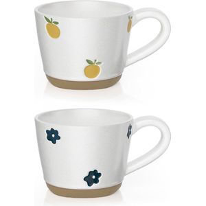 Koffiekopjes, set van 2, koffiemokken, keramiek, cappuccinomokken, bloemenbeker, 350 ml, porselein voor thee, warm of koud, theekopje met verjaardag, Thanksgiving en kerstcadeau