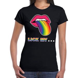 Lick my... gay pride t-shirt zwart met mond/ tong in regenboog kleuren voor dames - lgbt kleding M