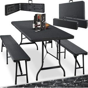 FurnStar - Tuintafel - opvouwbare tafelset 73 x 180 x 75 cm - 2 x borrelbanken 1 x tafel - tuintafel met inklapbaar handvat - Rotan-look