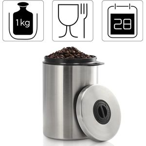 Koffieblik, Container Voor Koffiebonen, Thee, Cacao, Met Aromasluiting, Roestvrijstaal, Luchtdicht, 1 kg, Zilver