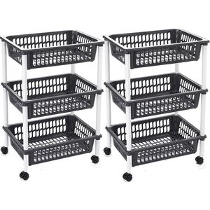 Set van 2x stuks zwarte opberg trolleys/roltafels met 3 manden 62 cm - Etagewagentje/karretje met opbergkratten