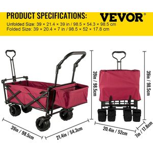 ShopDeal® - Bolderkar Opvouwbaar - Rood - Bolderkarren - Bolderwagen - Bolderkar Kinderenvervoer - Camping Vouwwagenkar - Tuinkar - Anti slip wiel - Bolderkar Opvouwbaar Massieve banden - Bolderkar Opvouwbaar Met Duwstang - max 100 kg