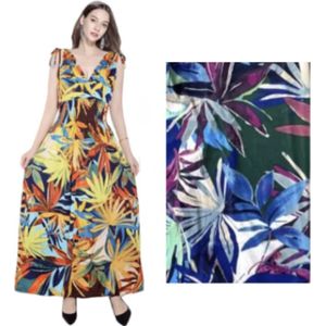 Dames maxi jurk met bladerenprint S/M Blauw/paars/roze/groen