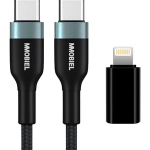 MMOBIEL USB-C Kabel 100W met USB-C naar Lightning Adapter – Type-C Snellaad Kabel 1,2m / USB-C Female naar 8 Pin Lightning Male Converter – Geschikt voor iPhone 15/14/13, Samsung Galaxy S25/S24/S23/S22 etc.