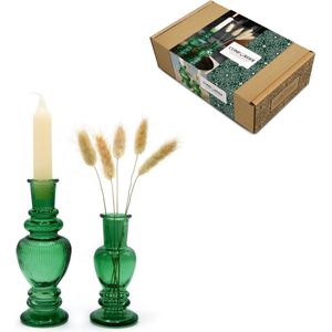 Comforder Cadeauset Glazen Kandelaar Gekleurd - Set van 2 Vazen met Kaars en Droogbloemen - Groene Kaarsenhouders