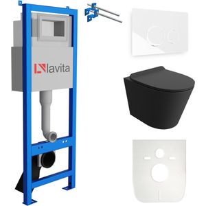 LAVITA® Inbouwreservoir Complete Toiletset LAV 101 - Inbouw WC Hangtoilet Wandcloset GALVE BLACK Zwart Mat - Bedieningsplaat 200.4.1 Wit - Voorwandelement voor toilet 40cm - Installatiesysteem