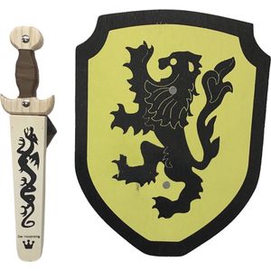 Houten Dolk met schede en Schild Blauw ridder te paard  schild zwaard ridder kinderzwaard