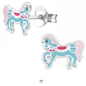 Oorbellen meisje | Zilveren kinderoorbellen | Zilveren oorstekers, blauw paard met roze manen