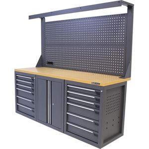 Kraftmeister werkbank 200 cm - Werktafel met gereedschapswand, 12 laden, 1 opbergkast en MDF werkblad - Grijs