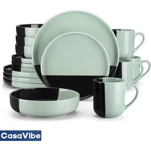 CasaVibe Luxe Serviesset – 16 delig – 4 persoons – Porselein - Bordenset – Dinner platen – Dessertborden - Kommen - Mokken - Set - Groen - Zwart