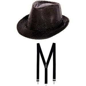 Boland - Verkleedkleding set - Glitter hoed/bretels zwart volwassenen